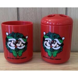 Vintage Christmas Disney Mickey & Minnie Set Tumbler And Toothbrush Holder